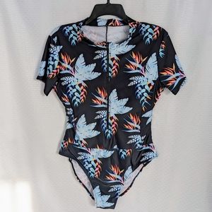 Women's Tropical Print One-Piece Swimsuit (Rash guard style) | Size XL